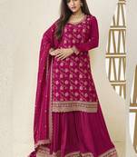 Pink viscose chinon embroidered sharara suit