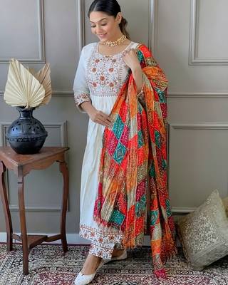 White Faux Chanderi Silk Salwar Suit With Multicolor Embroidered 1