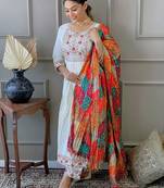 White Faux Chanderi Silk Salwar Suit With Multicolor Embroidered