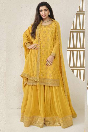 Yellow viscose chinon embroidered sharara suit