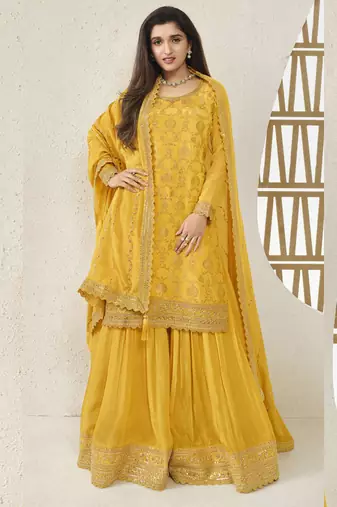 Yellow viscose chinon embroidered sharara suit
