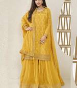 Yellow viscose chinon embroidered sharara suit