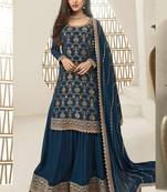 Blue viscose chinon embroidered sharara suit