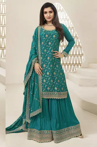 Turquoise viscose chinon embroidered sharara suit