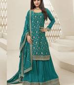 Turquoise viscose chinon embroidered sharara suit