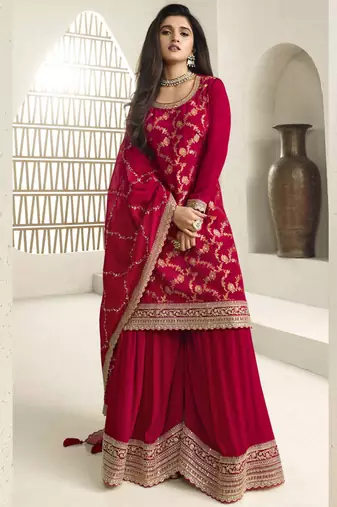 Red viscose chinon embroidered sharara suit