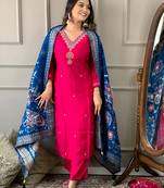 Pink embroidery work viscose chanderi  stitched straight pant style salwar suit