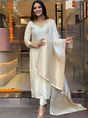 Off-White Traditional Chanderi Silk Kurta Set with Jacquard Work - Stitched 1