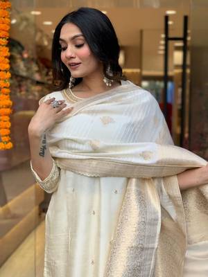 Off-White Traditional Chanderi Silk Kurta Set with Jacquard Work - Stitched 2