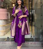 Purple embroidery work viscose chanderi  stitched straight pant style salwar suit
