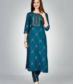 Navy blue embroidery heavy reyon straight kurti