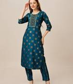 Navy blue embroidery heavy reyon straight kurti