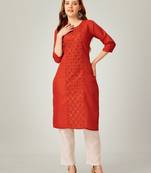 Rust embroidery & sequence work cotton magic slub straight kurti