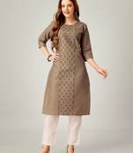 Khaki embroidery & sequence work cotton magic slub straight kurti