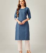Denim blue embroidery & sequence work cotton magic slub straight kurti