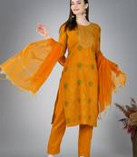 Yellow embroidery & sequence work cotton magic slub straight kurti