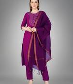 Purple embroidery & sequence work cotton magic slub straight kurti