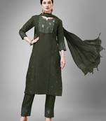 Dark green embroidery & fancy lace work cotton blend straight kurti