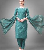Teal embroidery & sequence work cotton blend straight kurti