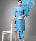 Sky blue embroidery & sequence work cotton blend straight kurti