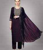 Purple embroidery & sequence work silk blend straight kurti