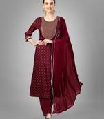 Maroon embroidery & sequence work silk blend straight kurti