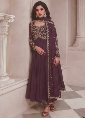 Wine chinon embroidered designer anarkali suit 1