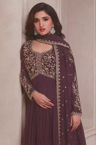 Wine chinon embroidered designer anarkali suit
