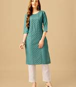 Teal embroidered and secquence work cotton slub straight kurti