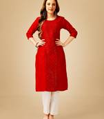 Red embroidered and secquence work cotton slub straight kurti