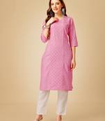 Pink embroidered and secquence work cotton slub straight kurti