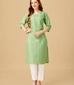 Lime embroidered and secquence work cotton slub straight kurti