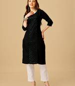 Black embroidered and secquence work cotton slub straight kurti