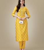 Yellow embroidered heavy reyon straight kurti