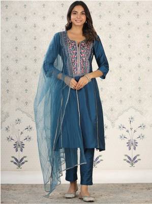 Blue Embroidered Work Chanderi Viscose Fabric Straight Kurta, Pant and Dupatta Set 1