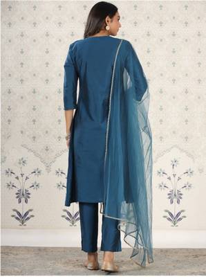 Blue Embroidered Work Chanderi Viscose Fabric Straight Kurta, Pant and Dupatta Set 2