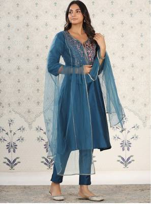 Blue Embroidered Work Chanderi Viscose Fabric Straight Kurta, Pant and Dupatta Set 3