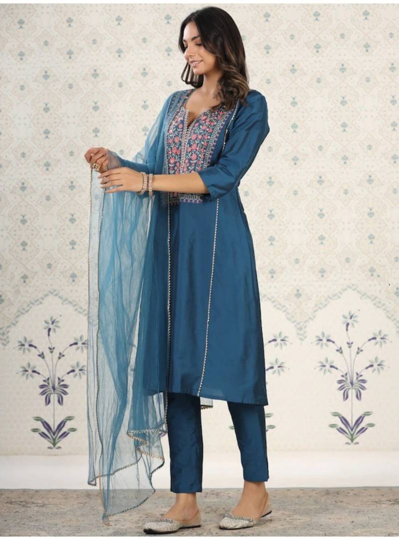 Blue Embroidered Work Chanderi Viscose Fabric Straight Kurta, Pant and Dupatta Set