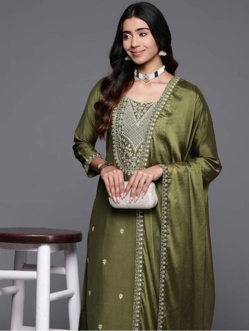 Embroidered Work Chanderi Viscose Fabric Straight Kurta, Pant and Dupatta Set