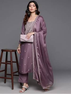 Embroidered Work Chanderi Viscose Fabric Straight Kurta, Pant and Dupatta Set 1