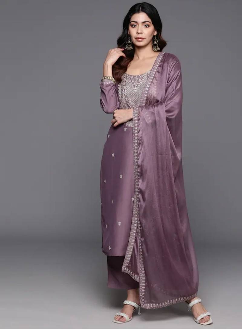 Embroidered Work Chanderi Viscose Fabric Straight Kurta, Pant and Dupatta Set