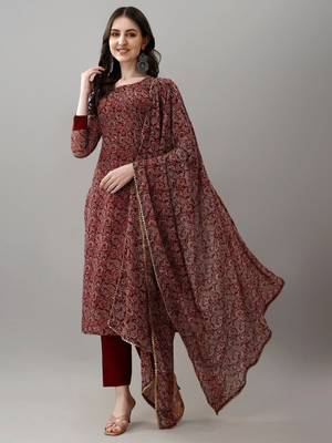 Printed Work with Faux Georgette Fabric Straight Kurta, Pant and Dupatta Set 1