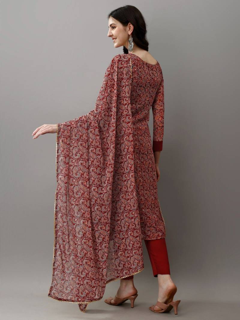 Printed Work with Faux Georgette Fabric Straight Kurta, Pant and Dupatta Set