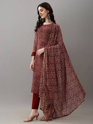 Printed Work with Faux Georgette Fabric Straight Kurta, Pant and Dupatta Set 3