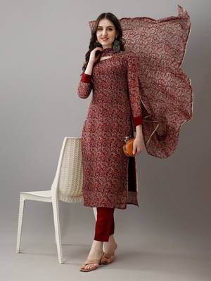 Printed Work with Faux Georgette Fabric Straight Kurta, Pant and Dupatta Set 5