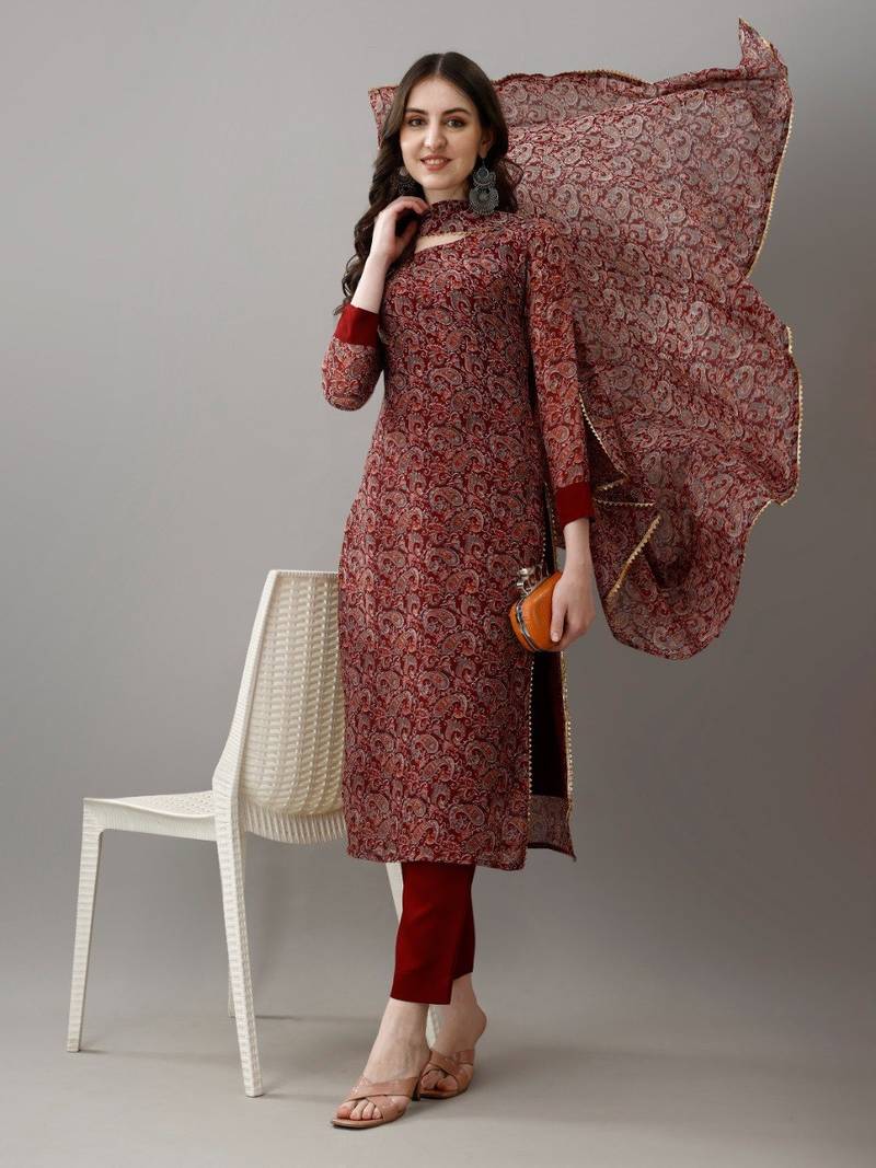 Printed Work with Faux Georgette Fabric Straight Kurta, Pant and Dupatta Set