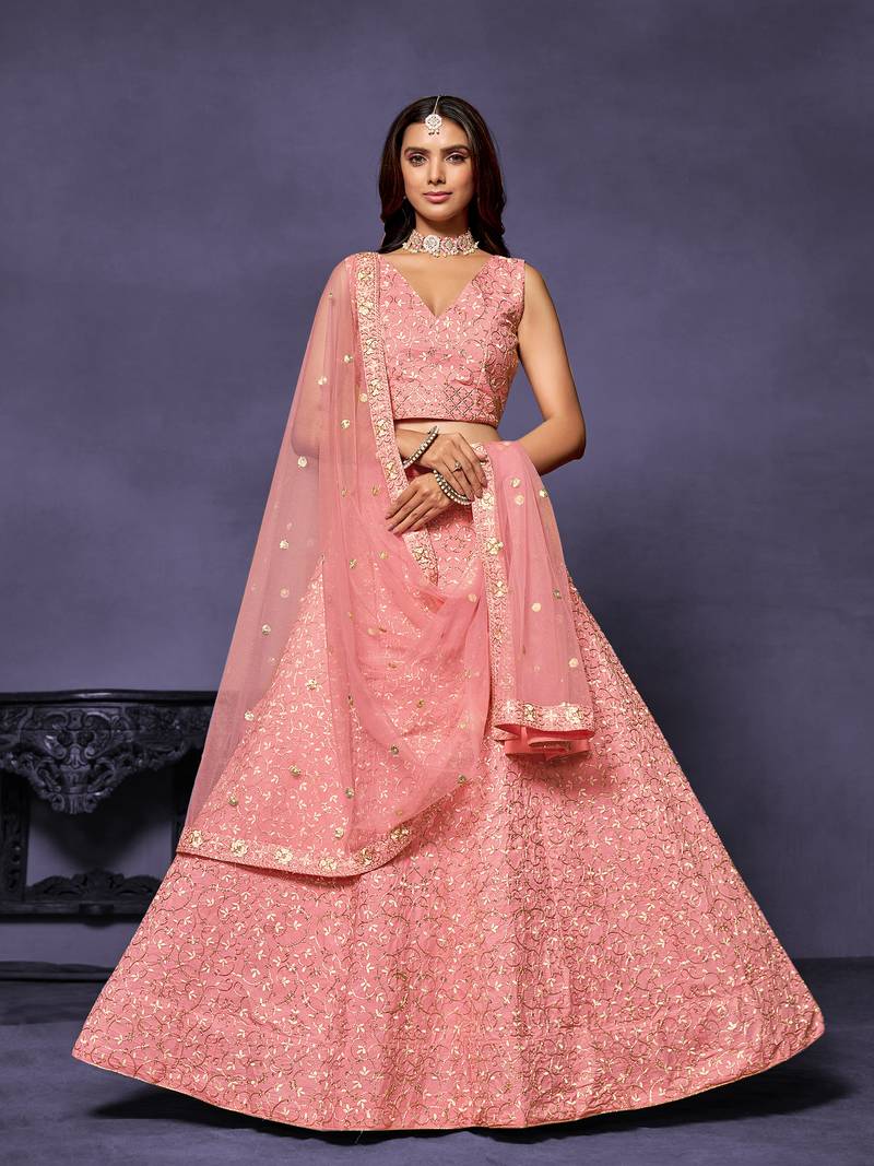 Pretty Pink Malai Silk Embroidered Lehenga Choli Set For Women 