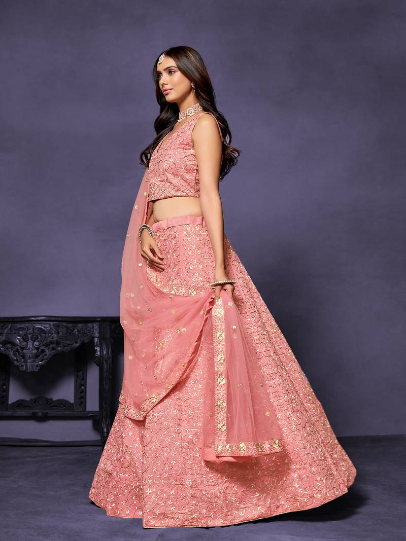 Pretty Pink Malai Silk Embroidered Lehenga Choli Set For Women 