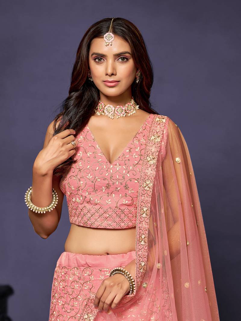 Pretty Pink Malai Silk Embroidered Lehenga Choli Set For Women 