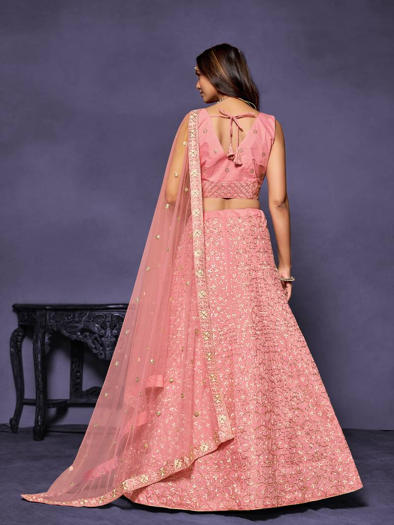 Pretty Pink Malai Silk Embroidered Lehenga Choli Set For Women 